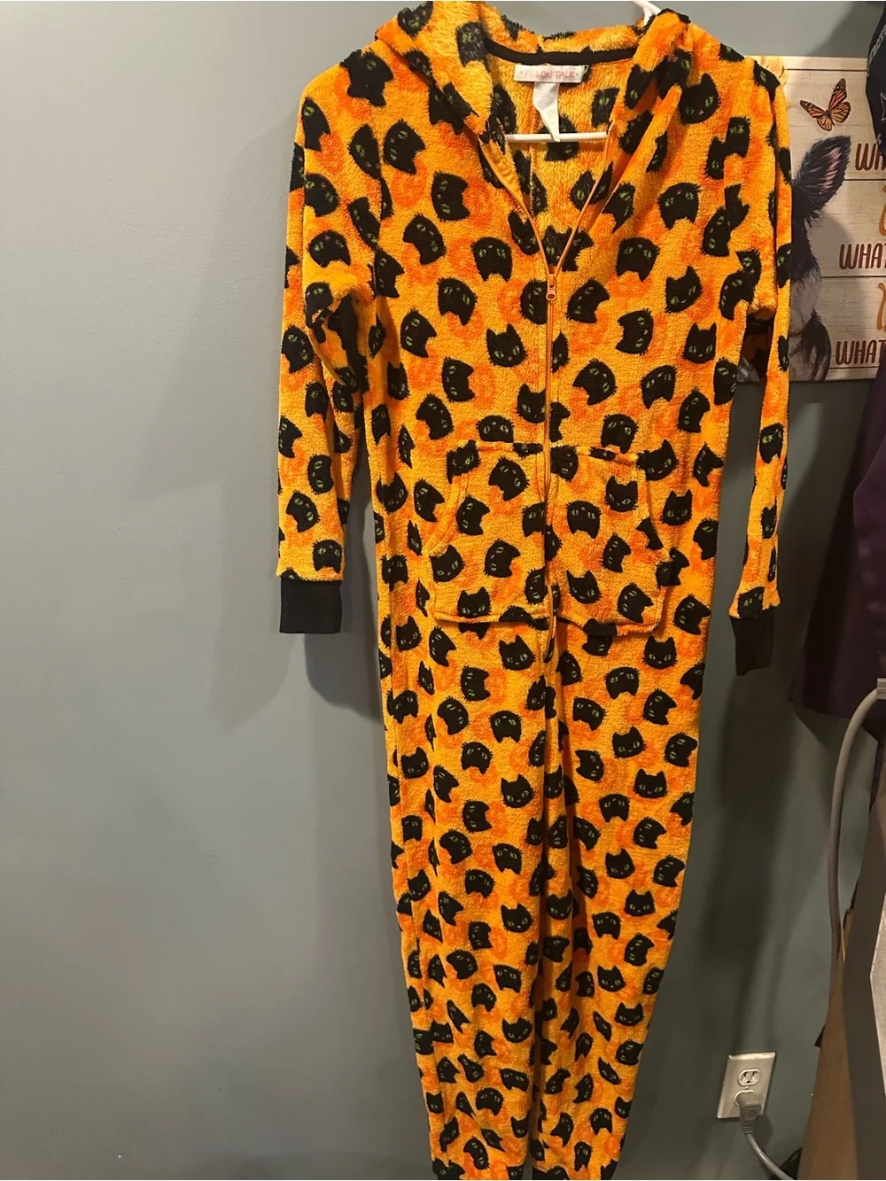 Cozy Orange & Black Cat Print One-Piece Hoodie